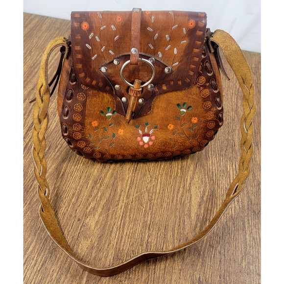 Title: Vintage 70s Handpainted Tooled Leather Shoulder Bag Boho Western Hippie - Picture 4 of 11
